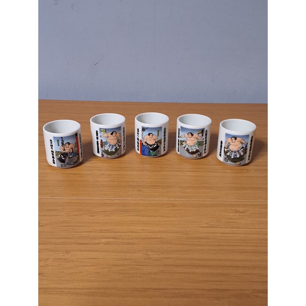 Vintage Japanese Sumo Wrestler Sake Cup Set 5pc Ceramic Ochoko Ukiyo-e Art White